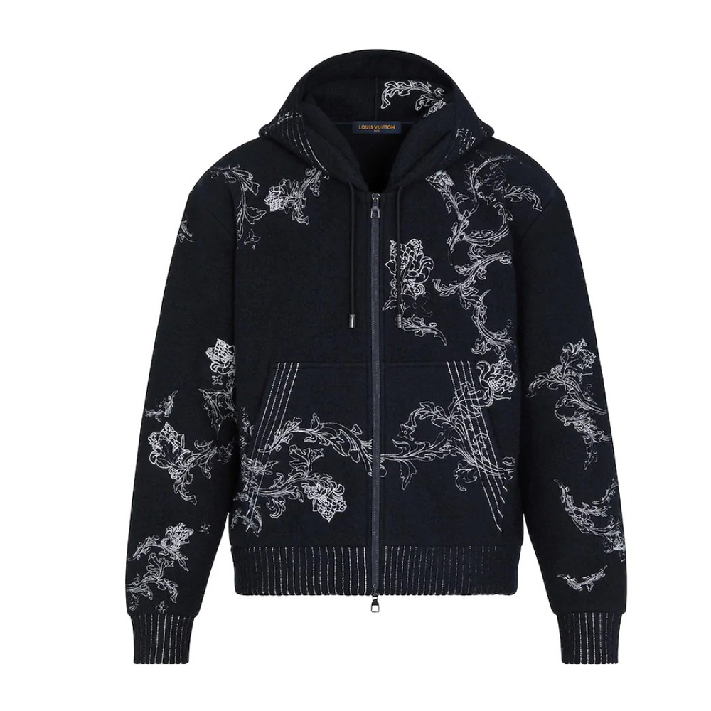 Buy Replica Louis Vuitton Embroidered Lv Flower Zip Up Hoodie Black