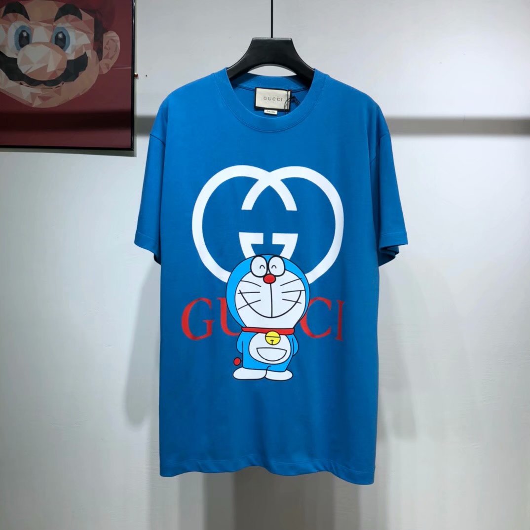 Buy Replica Gucci x Doraemon Logo Cotton T-shirt Blue - Buy Designer ...