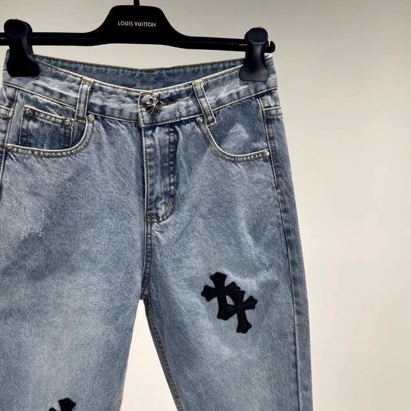 Buy Replica Chrome Hearts Leather Cross Denim Jeans In Blue - Buy ...